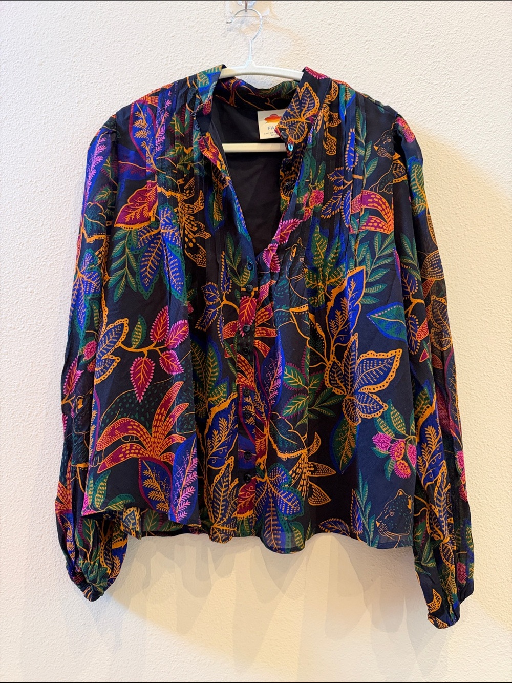 FARM for Anthropologie Women’s Black Floral V-Neck Button Front Blouse